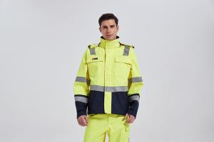 China Offshore HIVIS Yellow FR Rain Jacket , EN11611 Fire Retardant Rain Gear factory