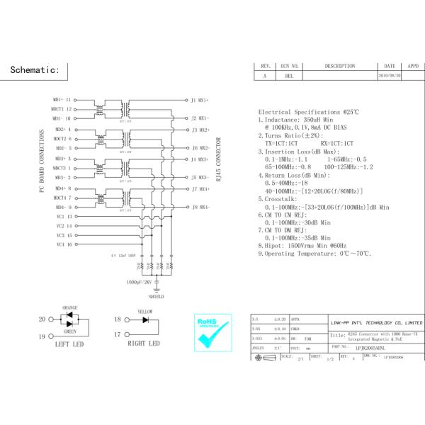 Gigabit Mag Jack POE+ RJ45 Connector , Extended Temperature 0826-1X1T-1-F