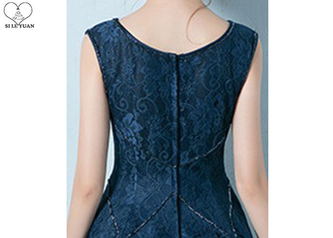 Navy Blue Lace Short Length Prom Dresses Knee Length Sleeveless And Beading