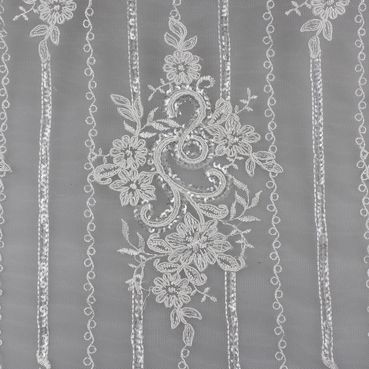 Floral Corded Embroidered Sequin Lace Fabric For Bridal Gowns Dresses