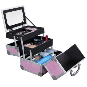 China Portable Mini Makeup Vanity Case Organizer Box With Mirror 2 Trays Pink factory