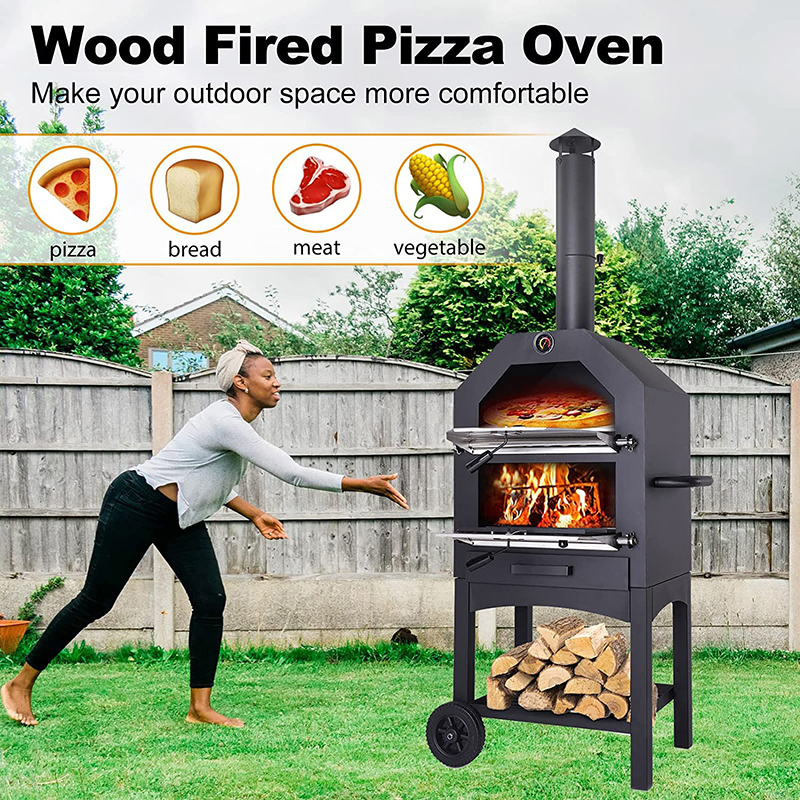 Wood Fired Coal Charcoal Stove Pizza Maker Trolley for Outdoor Patio Cooking Area 49*35cm
