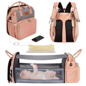 China 5 In 1 Diaper Bag Backpack Portable Crib Mummy Bag Bed Waterproof Travel Bag With USB Charge Baby Changing Bag factory