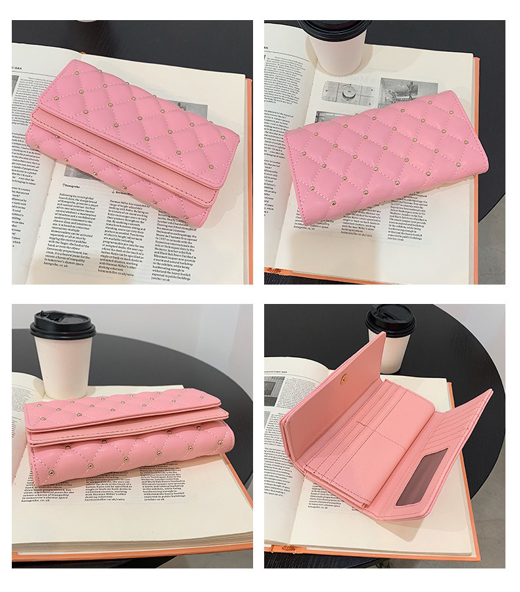 Women's Gorgeous Rivet Lattice Purses Fashion Long Clutch Wallets with Fold Design