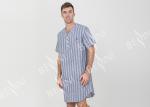 Stripeed Design Mens Short Sleeve Nightshirts Button Placket Embroidery Curved