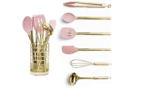 China 7 piece Gold &amp; Pink silicone kitchen utensil sets ,Gold Utensil Holder factory