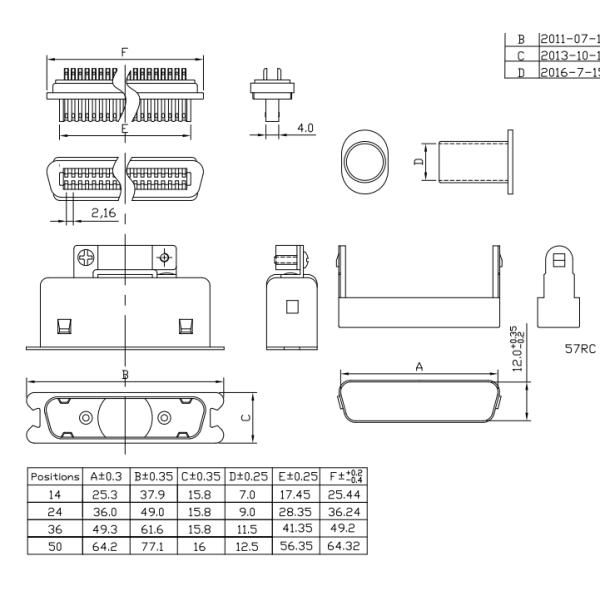 Centronic 50 Pin Male 180°Cable Outlet Traditional TypeSolder Pin Connector with Matel Hood
