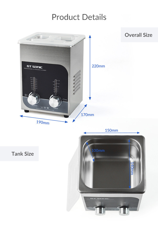 Heated Small Ultrasonic Cleaner Stainless Steel SUS304 Mateiral 0 - 30 Min Timer