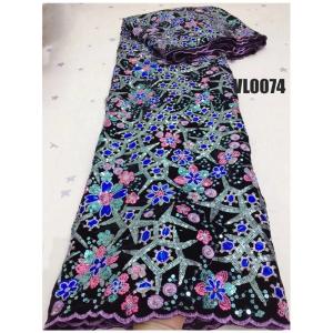 China Nice colorful velvet lace african lace with sequins embroidery lace fabric for wedding dress nigerian women clothing factory