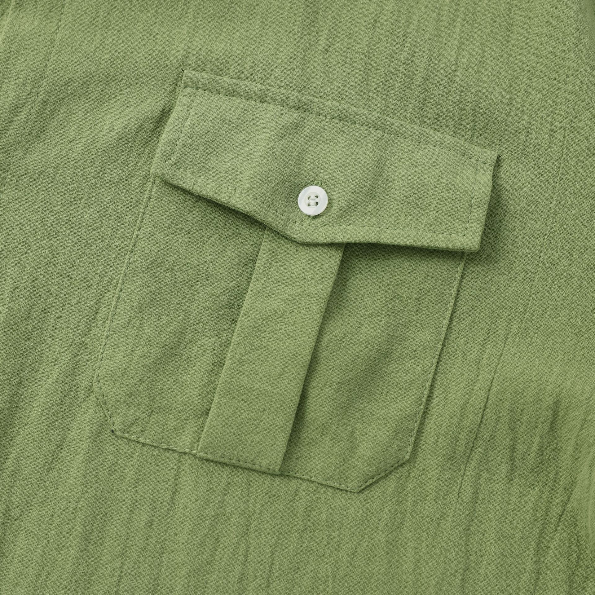 Spring Men's Linen T-Shirt Short Sleeve Solid Color Stand Collar Custom Cotton Shirt