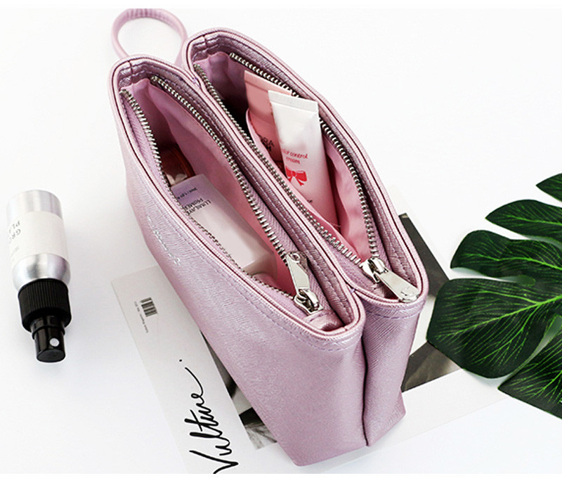 Double Zipper Travel Toiletry Cosmetic Waterproof Shiny PU Bag