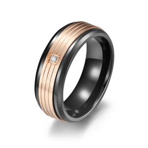 China Inlaid Diamond Carbon Fiber Engagement Rings Jewelry Polish Black And Rose Gold factory