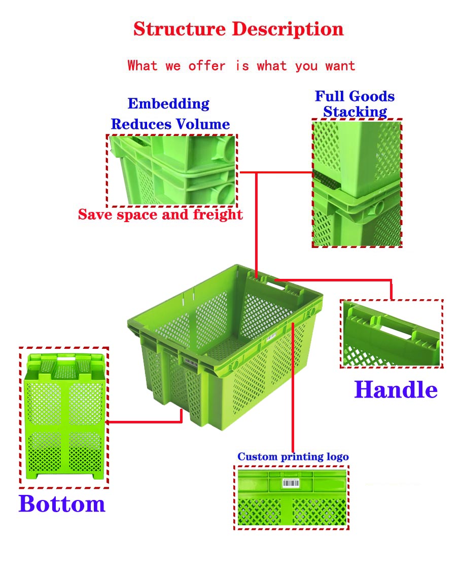 Plastic Mesh Crates Stackable Turnover Crates For Fruits And Vegetables 485x360x290mm
