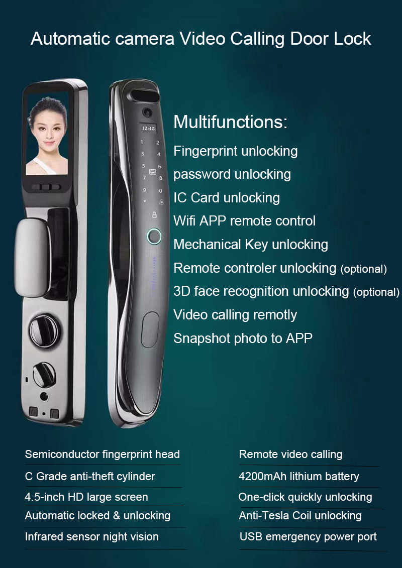 Face ID Intelligent Tuya Door Lock Intercom IC Card App Controlled Smart Door Lock