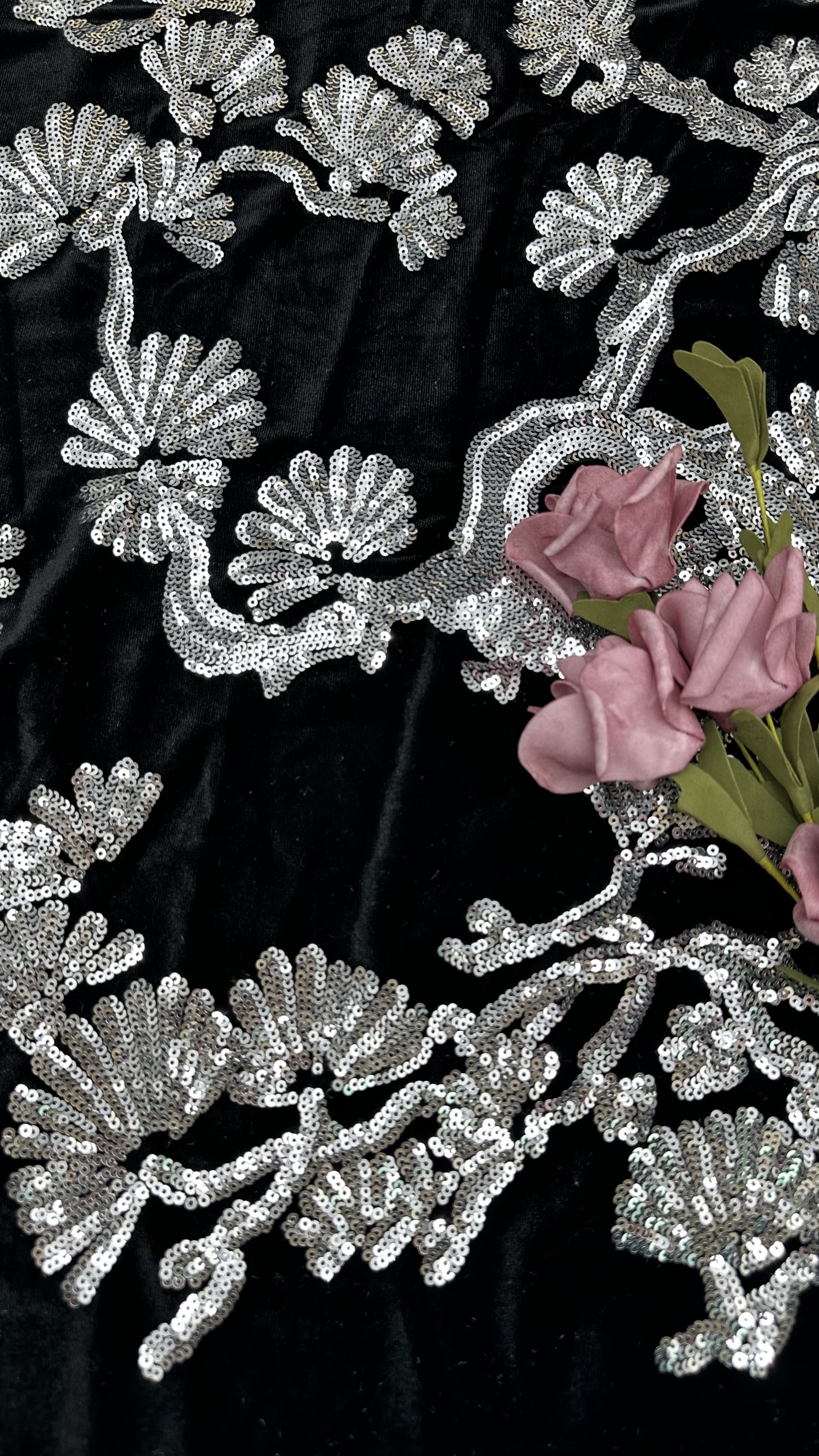 Leafy Black Flocked Tulle Lace Sequins Sliver Detailed Fabric For Statement Formal Dresses