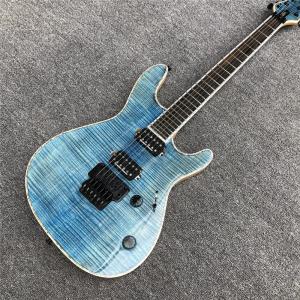 China Light blue Quilted Flame Maple Mayones Electric Guitar,2019 New S logo Neck through body 6 Strings Guitar factory