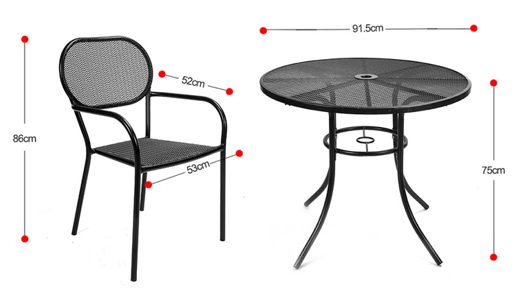 Outdoor Bistro Cafe Garden Courtyard Patio Metal Iron Round Tables And Chair Set with Umbrella Hole in Modern Design