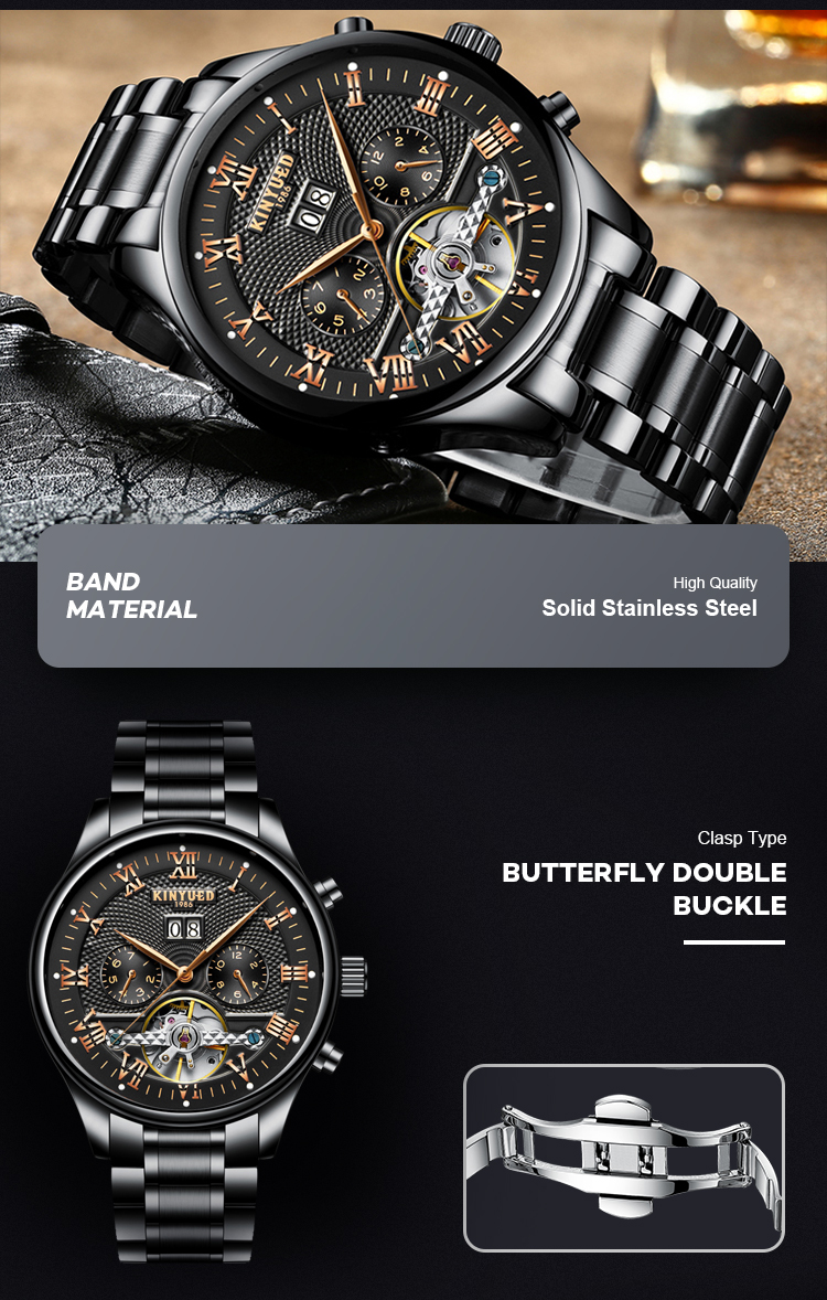 Fashion Stainless Steel Tourbillon Movement Mens Watch Waterproof KINYUED Automatic Mechanical Watches