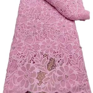 China Rose pink guipure lace water-soluble embroidery fabric with beads wedding dress Nigerian women clothings Ghana fabric factory