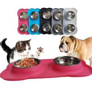 China Pet Silicone Anti Spill Bowl Dog Stainless Steel Eating And Drinking Double Bowl factory