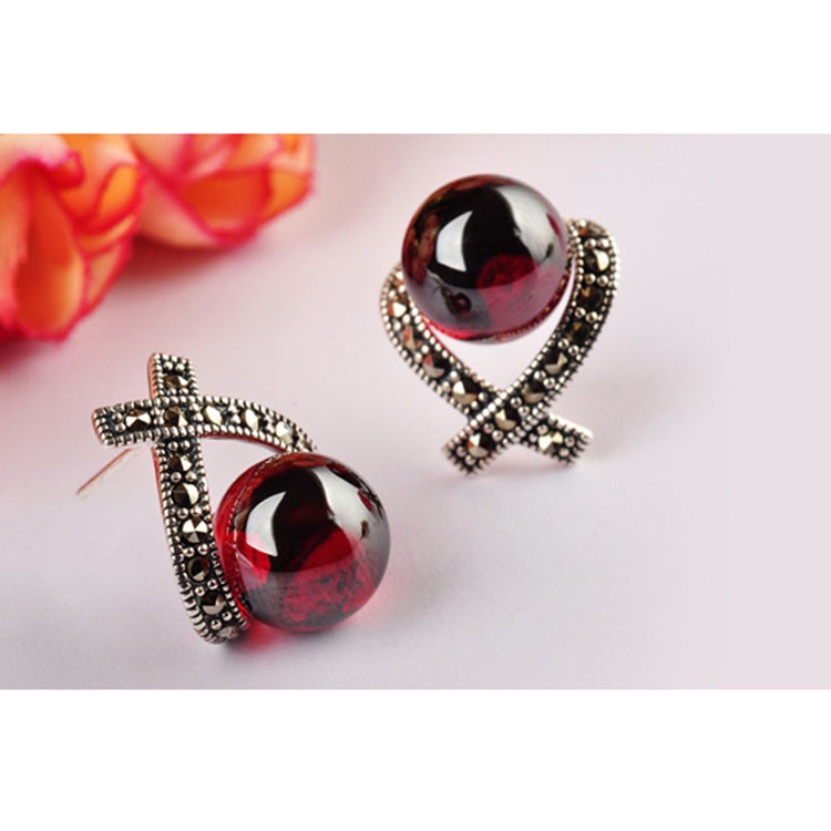 Vintage Thai Sterling Silver Red Cubic Zirconia Marcasite Earrings (E12285)