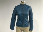 Mandarin Collar Teal Pleather Biker Jacket For Womens Tw76349