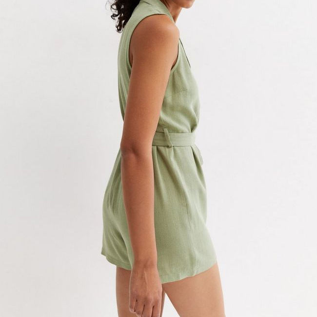 Custom Summer Women Fashion Blank Sleeveless Button up Belted Playsuit Casual Linen Short Jumpsuit