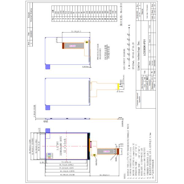 3.5 Inch IPS TFT Display 320X480 With ST7365 Drive IC 24 Pins