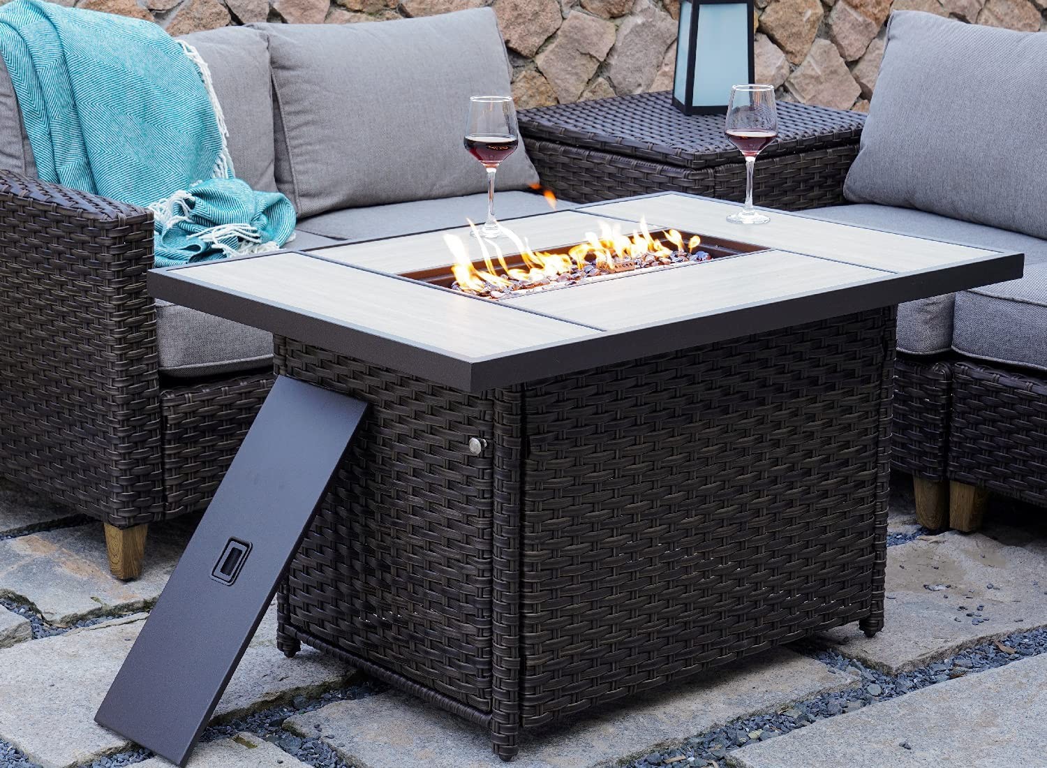 43 Inch 50,000 BTU Rectangular Patio Propane Gas Fire Pit With Resin Wicker Base
