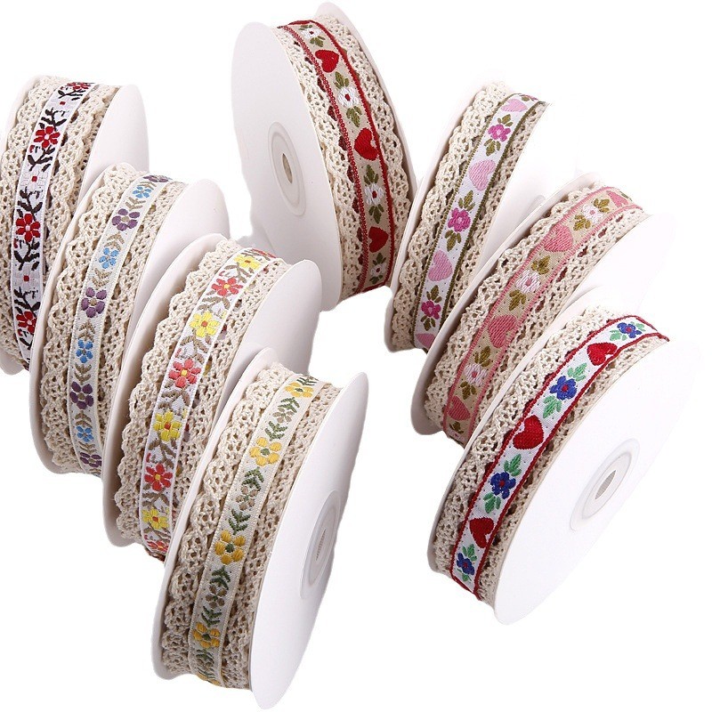 2.5cm Lace Edged Flroal Jacquard Ribbon Gift Packing Polyester Ribbon For Packaging