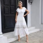 High Neck Ladies Lace Dresses Balloon Long Sleeve Lace Up Dress With Elastic