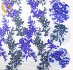 Royal Blue Beaded Lace Fabric 80% Nylon Water Soluble 140cm Width For Kids Dress