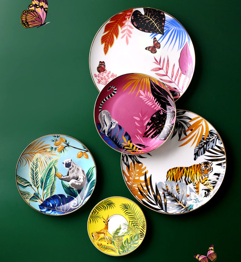 Jungle Animal Pattern Ceramic Plate Set Round European Style For Home Party