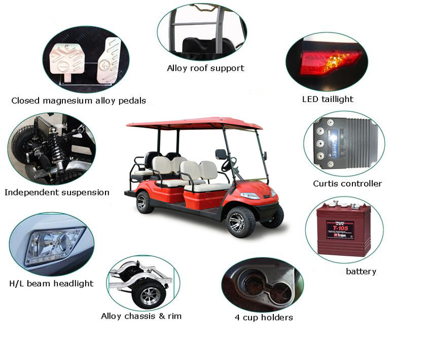 Red Color Electric Golf Carts 6 Passenger Vehicle With 4 Front Seats + 2 Rear Seats