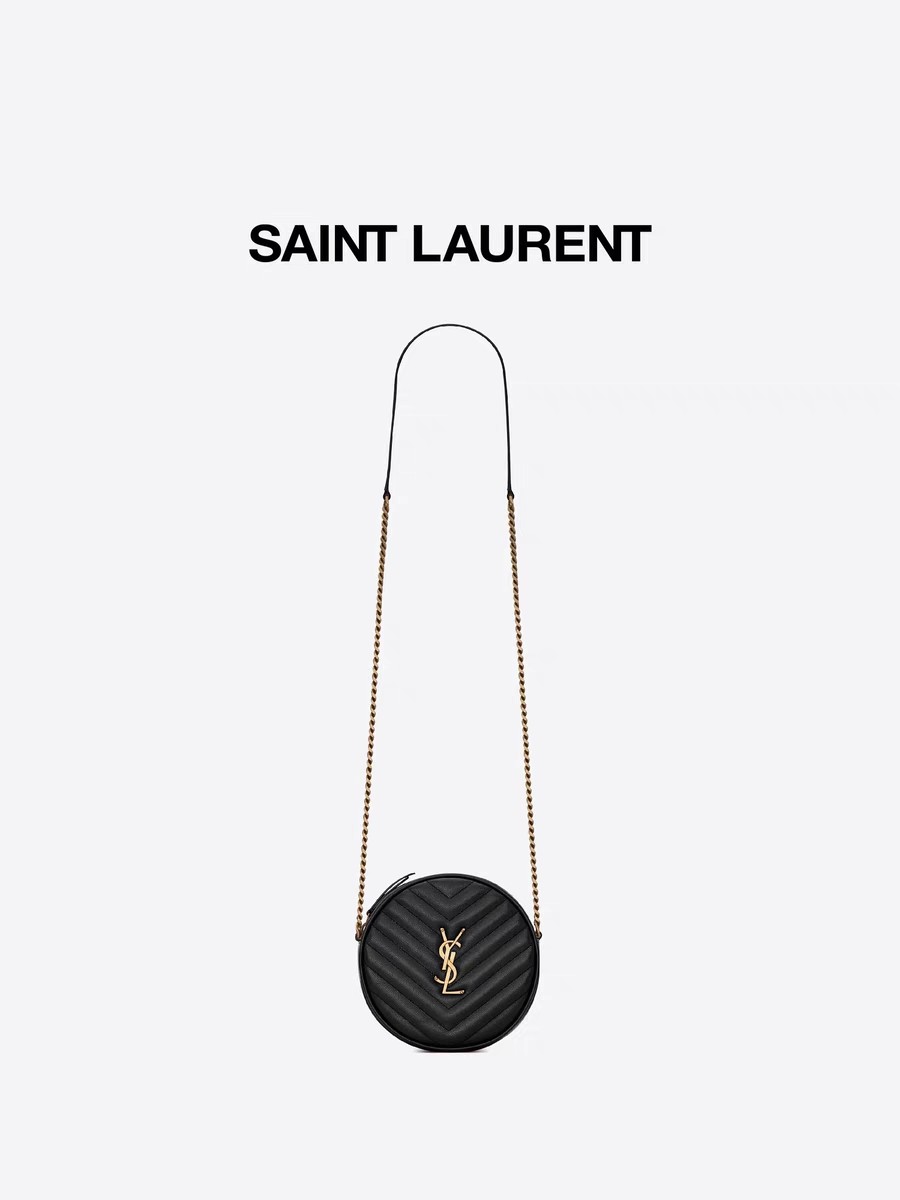 Grained Embossed Leather Branded Messenger Bag YSL Vinyle Round Camera Bag V Quilted