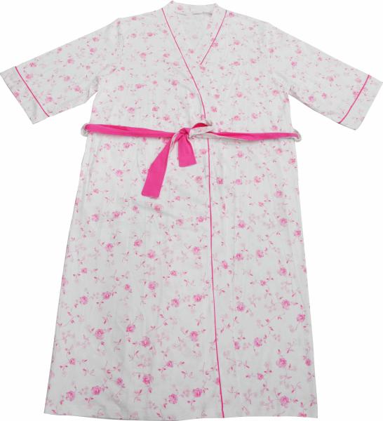 Ladies Cotton Jersey Pink Floral Printed Bath Robe Kimono Wrap Red Piping 3/4