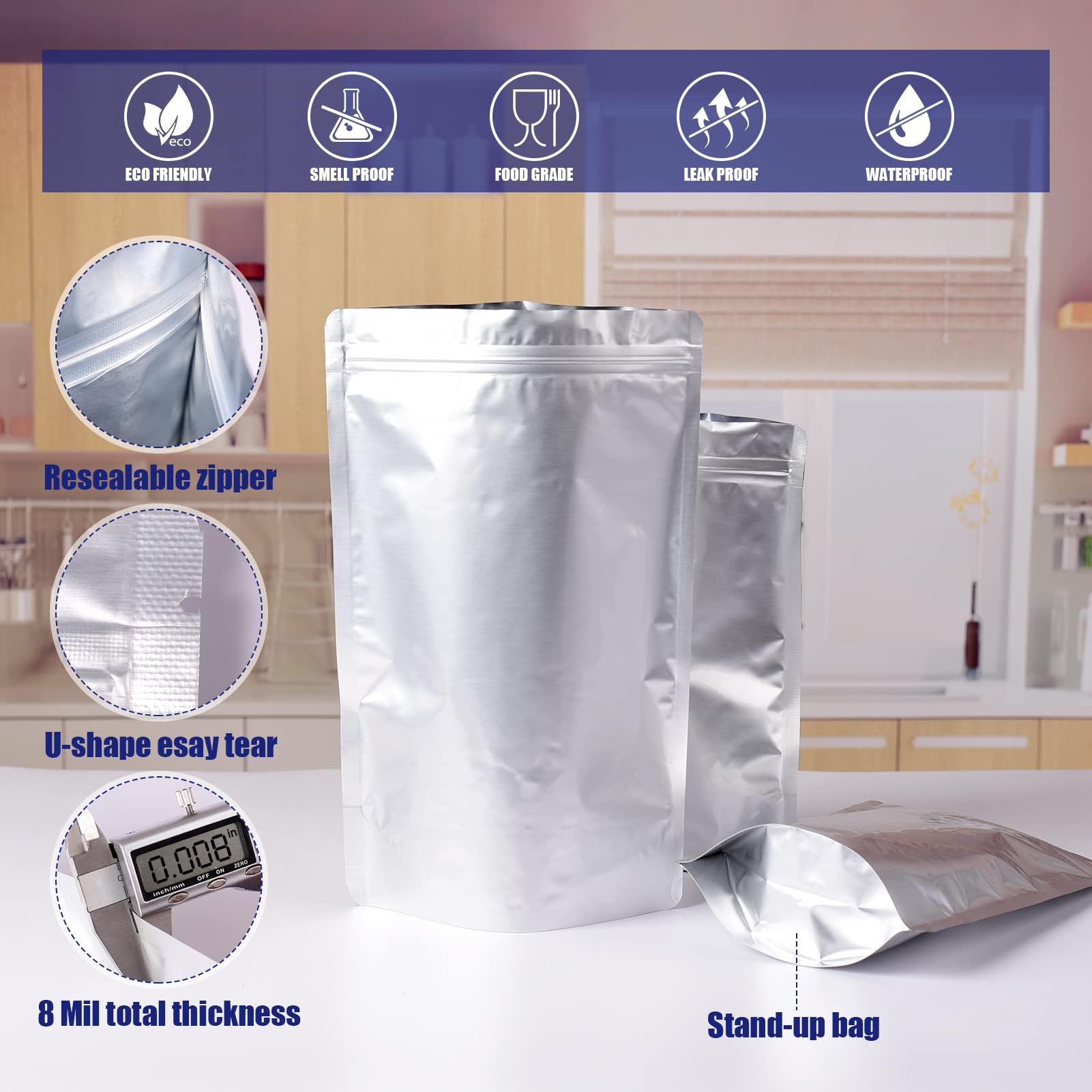 Resealable Leakproof Silver Ziplockk Foil Bag Pouch Food Doypack Stand Up Pouches Bags