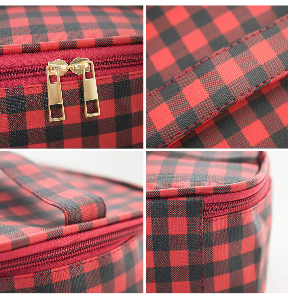 3pcs Red Black Plaid Polyester Cosmetic Bag For Travel