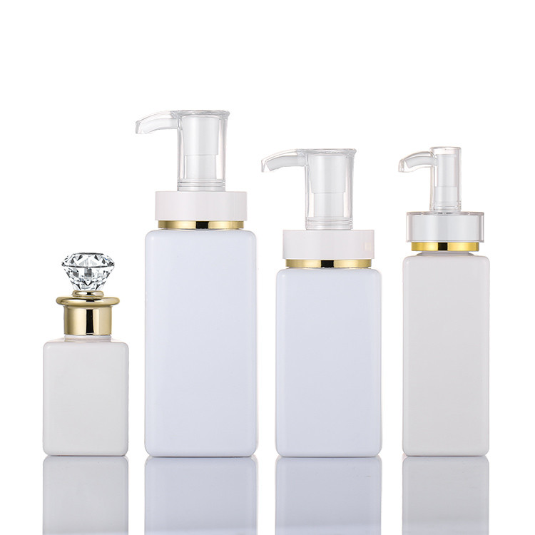 High Quality Luxury White Customize Square Shampoo Hair Lotion Bottle With Diamond Gold Rim Cap