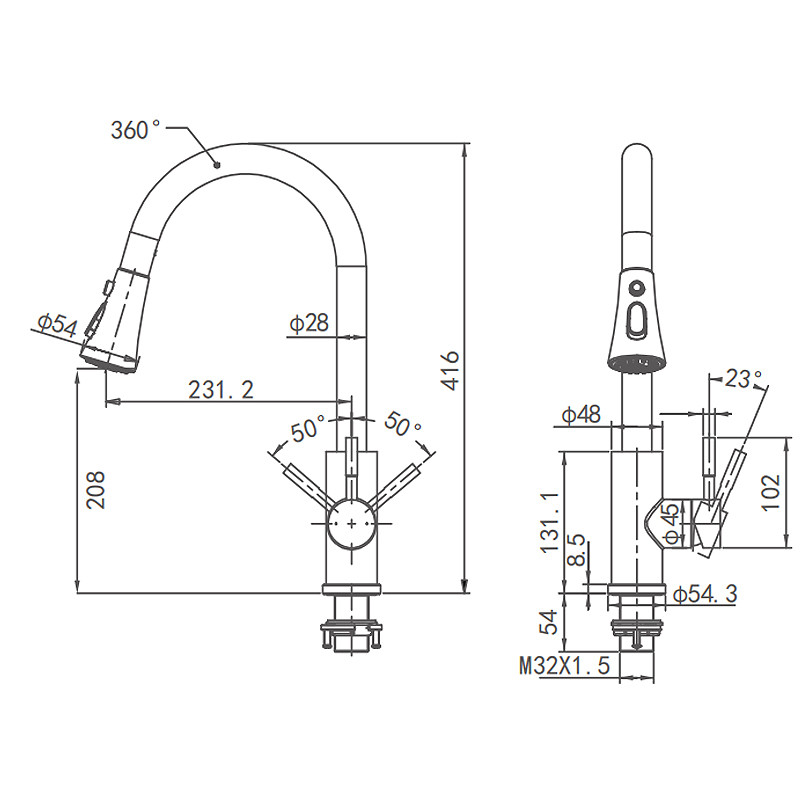 Brushed Kitchen Mixer Faucet , SUS304 Pull Down Sprayer Kitchen Faucet