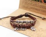 Double strands LOVE charm leather bracelet, ringed beads genuine leather band