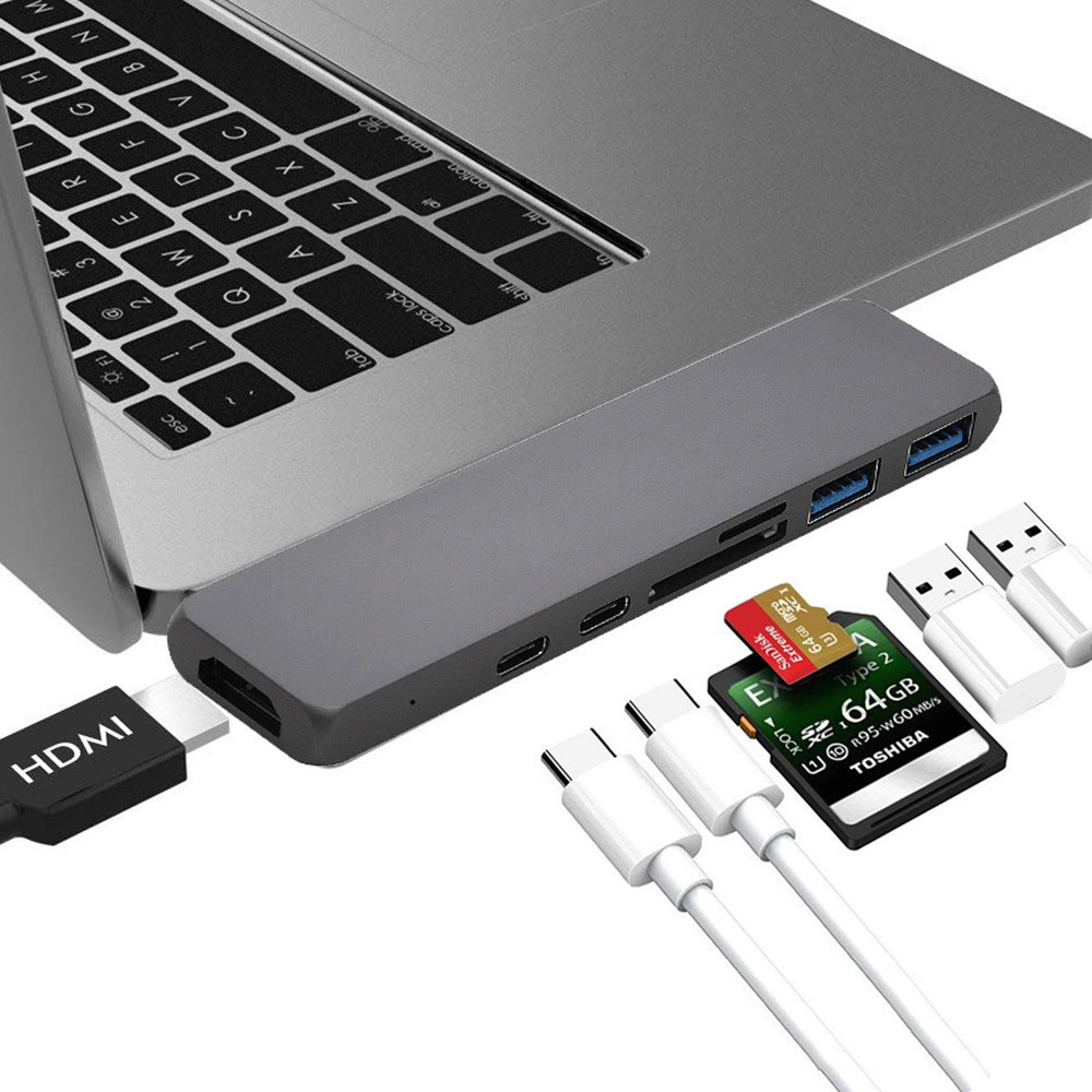 USB C Hub Adapter 7 in 1 Dual Type-C Docking Station Thunderbolt 3 Hub for 2016/2017 MacBook Pro with 100W PD charging