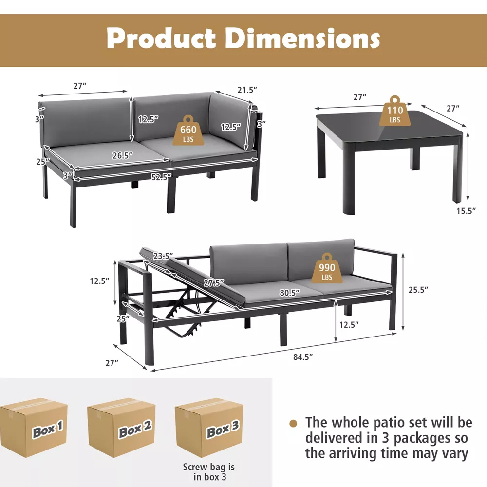 Modern Design Garden Sofa Set AJUNION Aluminum Patio Furniture with Adjustable Back