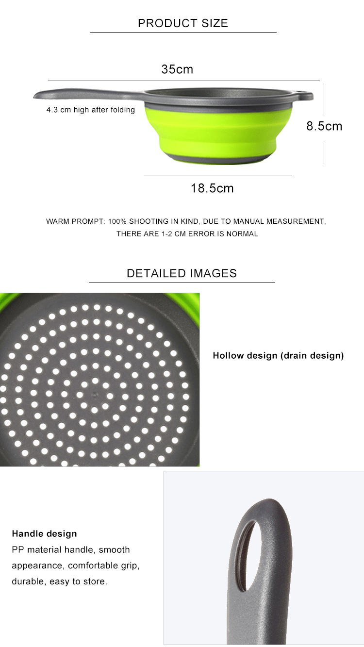 1400ML high quality Kitchen Foldable TPR Strainers Collapsible Colanders with Handles