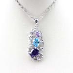 925 Silver Jewelry Oval Mix Blue Red Cubic Zircon Three Stones Pendant Necklace