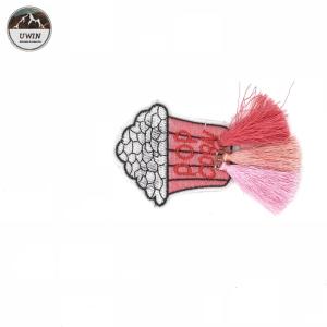 China Small Size Decorative Iron On Patches Pink Ice Cream Cup Tassel Embroidery factory