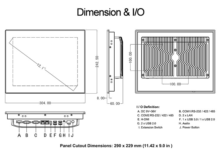 Anti Vibration 12" Pcap X86 Industrial Touch Panel PC Multi Ports