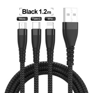 China 3 In 1 Nylon Braided USB Cable Flexible Phone Charging 3A 1.2M For Iphone Samsung factory