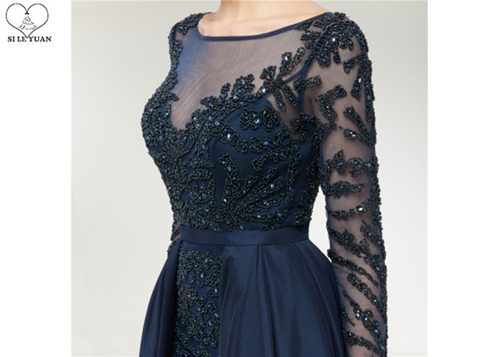 Wine Navy Blue Long Tail Gown , Heavy Beaded 2 In 1 Formal Ball Gowns Long Sleeve
