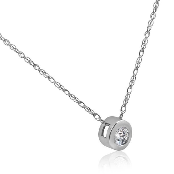 1/4 Ct Round CZ Solitaire Bezel Pendant Necklace 18" 14k White Gold